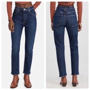 Agolde Riley Long High Rise Straight Leg Jeans Dark Blue Wash Size 31 Luxury